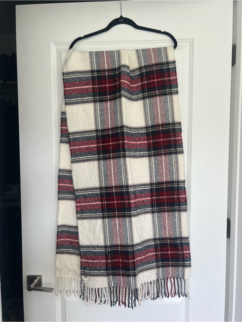 Abercrombie & Fitch Ivory Plaid Fringe Scarf with Red and Black